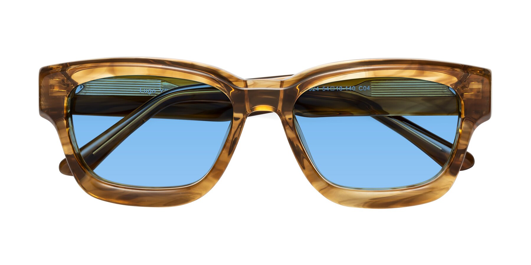 Folded Front of Lugo in Striped Amber with Medium Blue Tinted Lenses