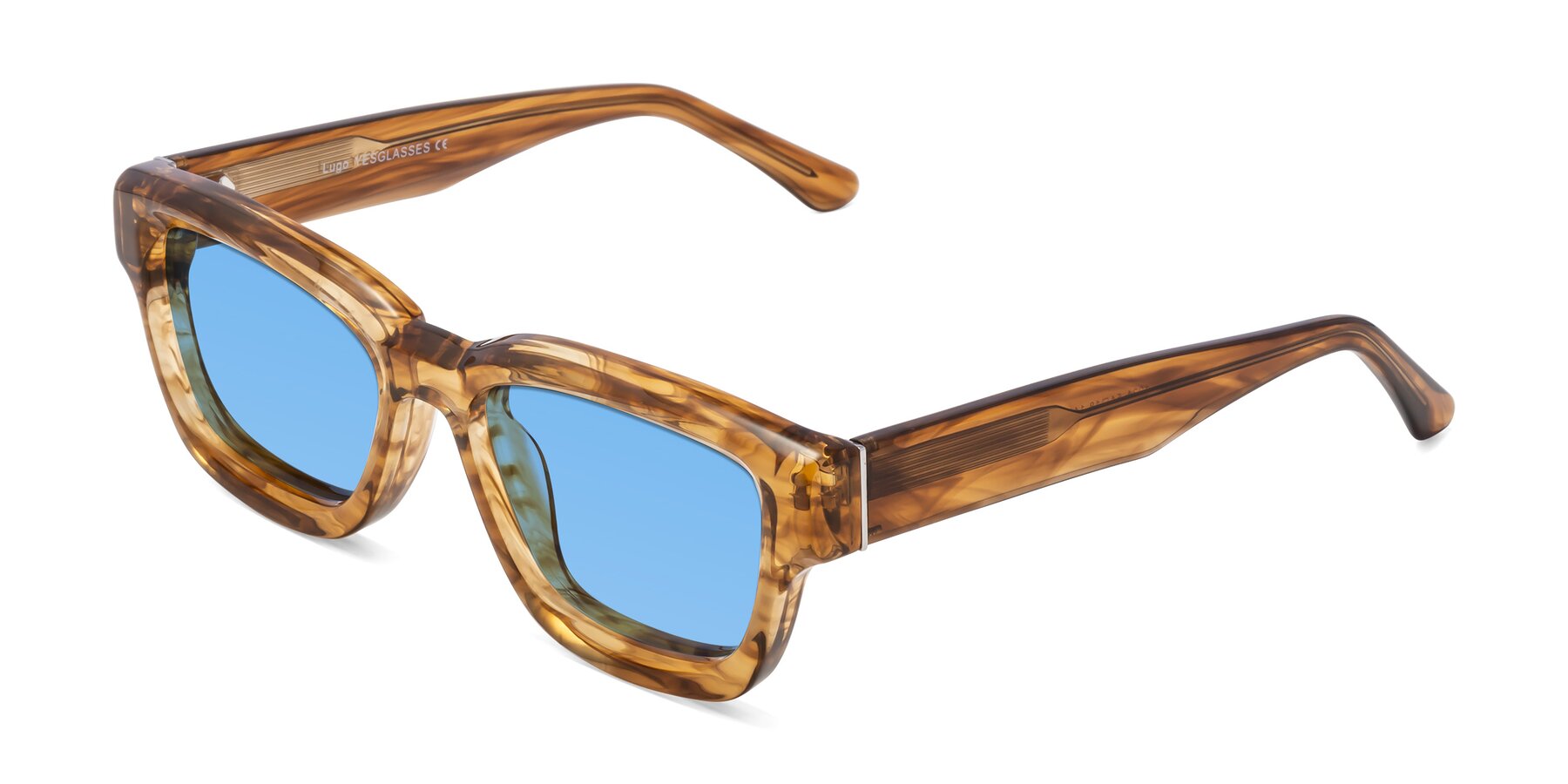 Angle of Lugo in Striped Amber with Medium Blue Tinted Lenses