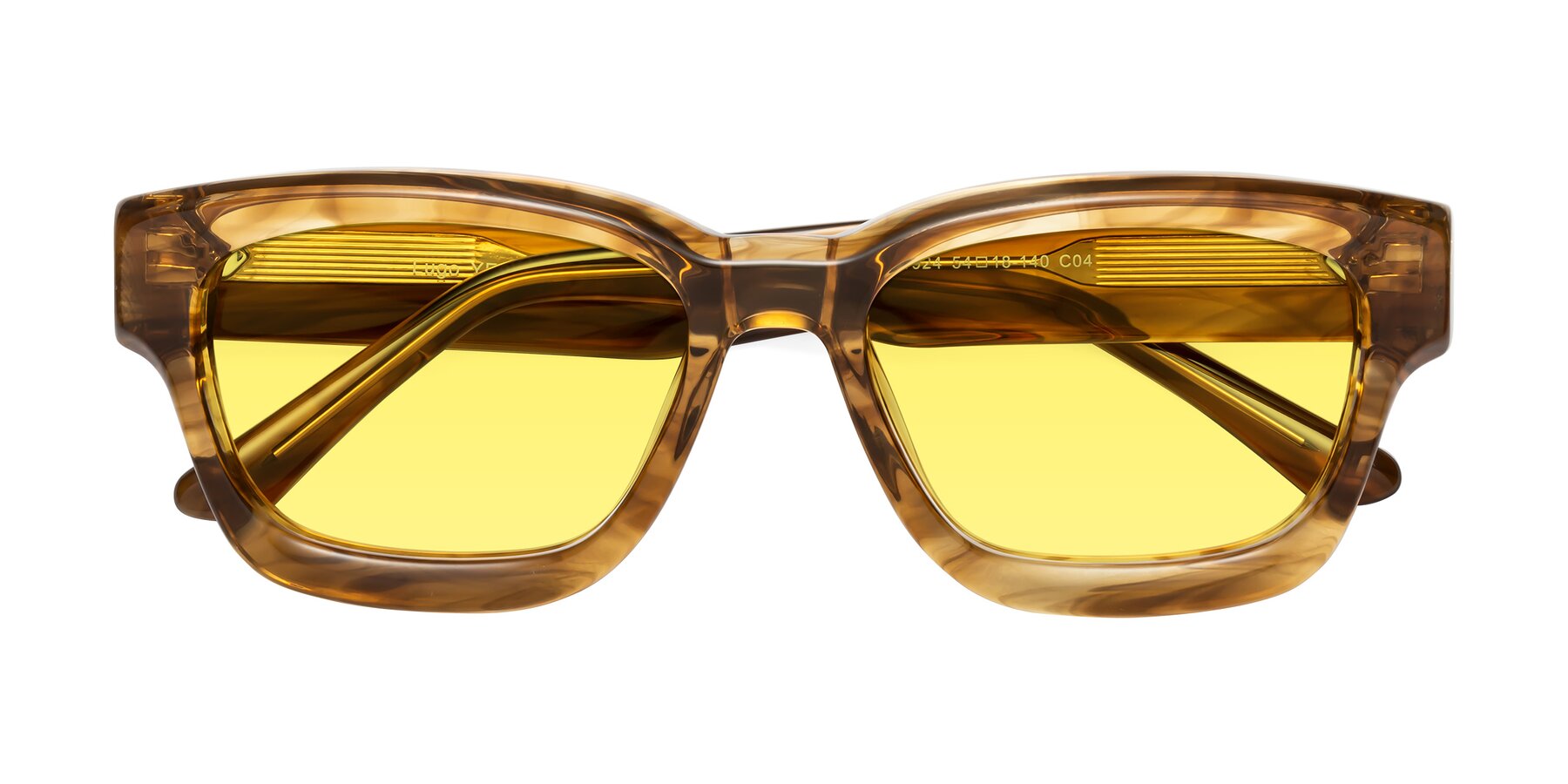 Folded Front of Lugo in Striped Amber with Medium Yellow Tinted Lenses