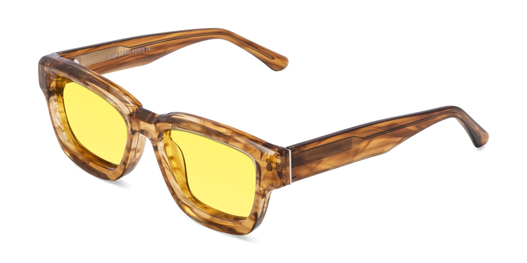 Angle of Lugo in Striped Amber with Medium Yellow Tinted Lenses