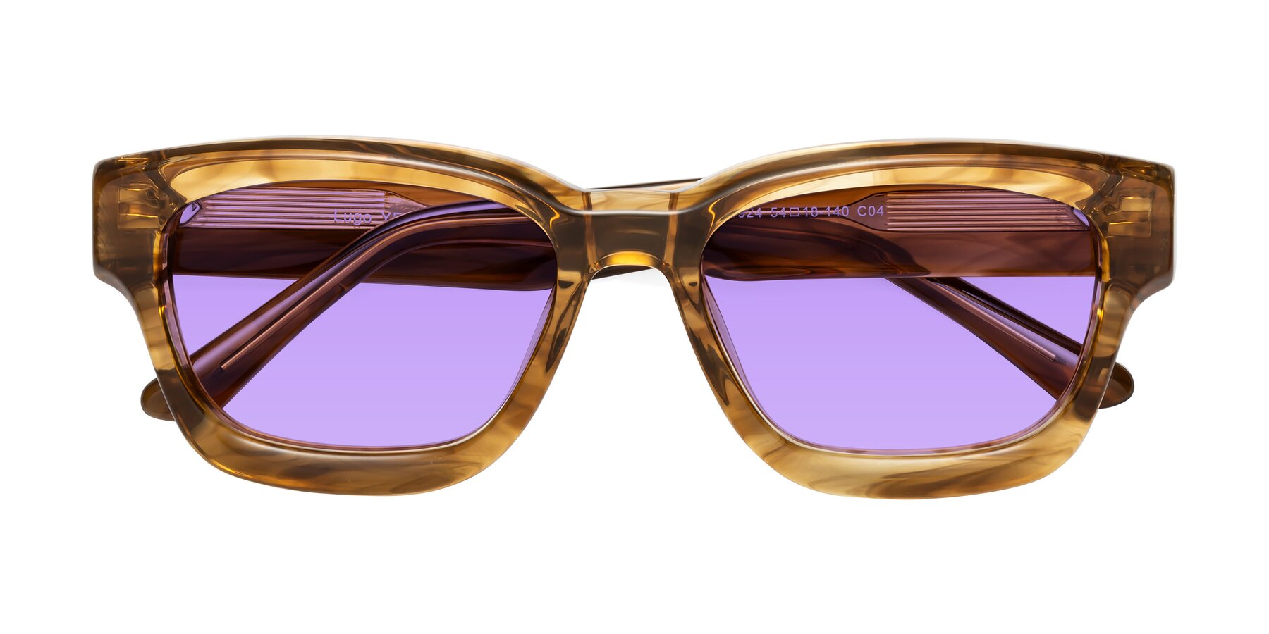 Folded Front of Lugo in Striped Amber with Medium Purple Tinted Lenses