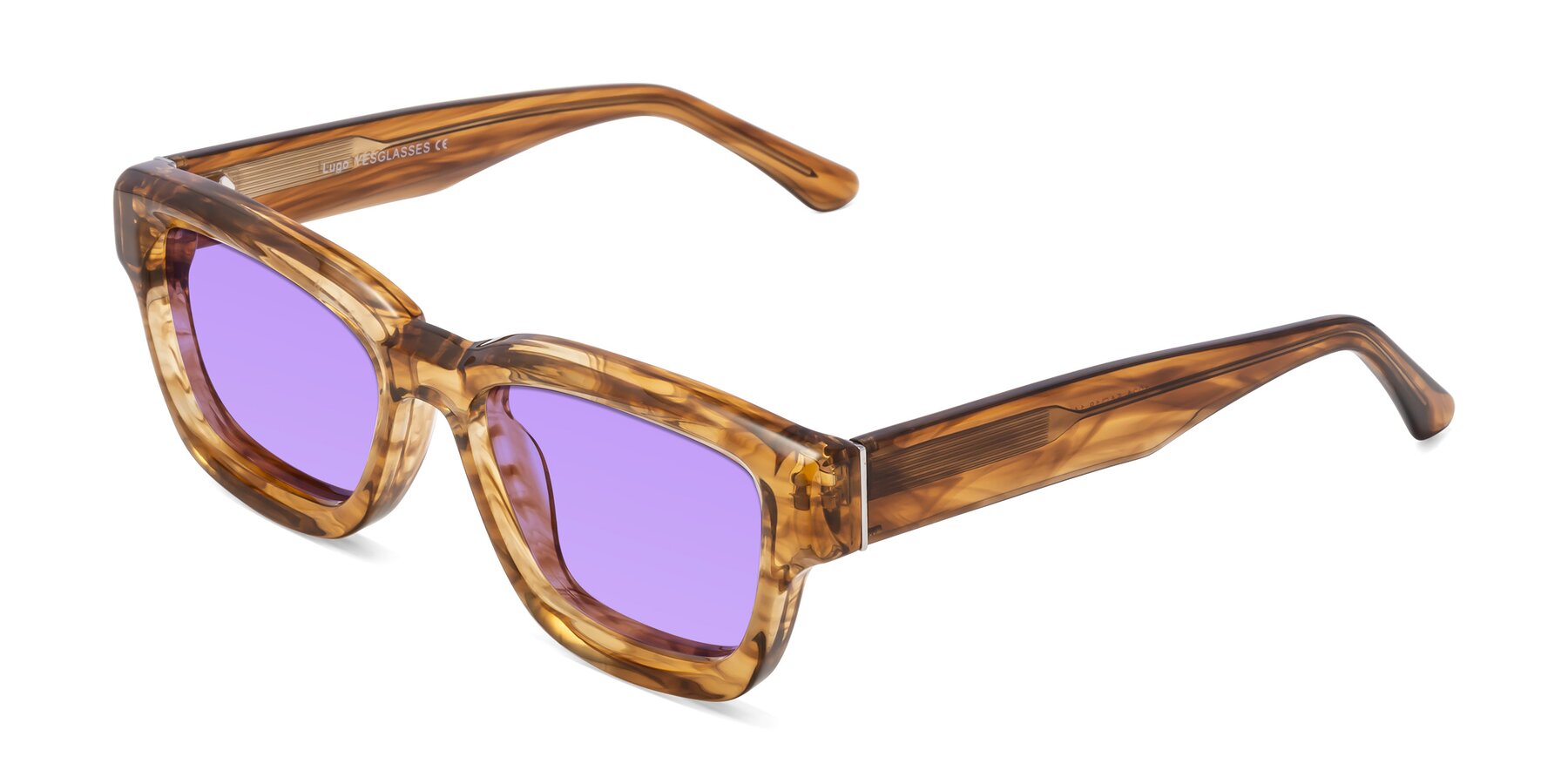 Angle of Lugo in Striped Amber with Medium Purple Tinted Lenses