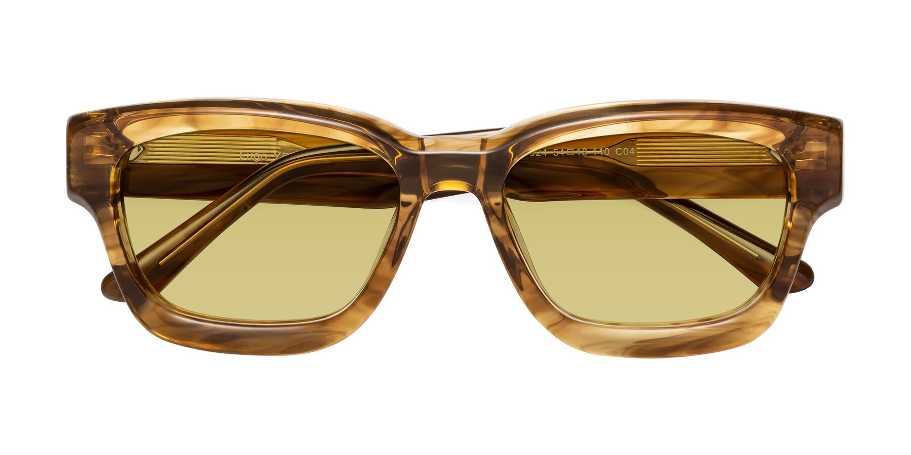 Folded Front of Lugo in Striped Amber with Medium Champagne Tinted Lenses