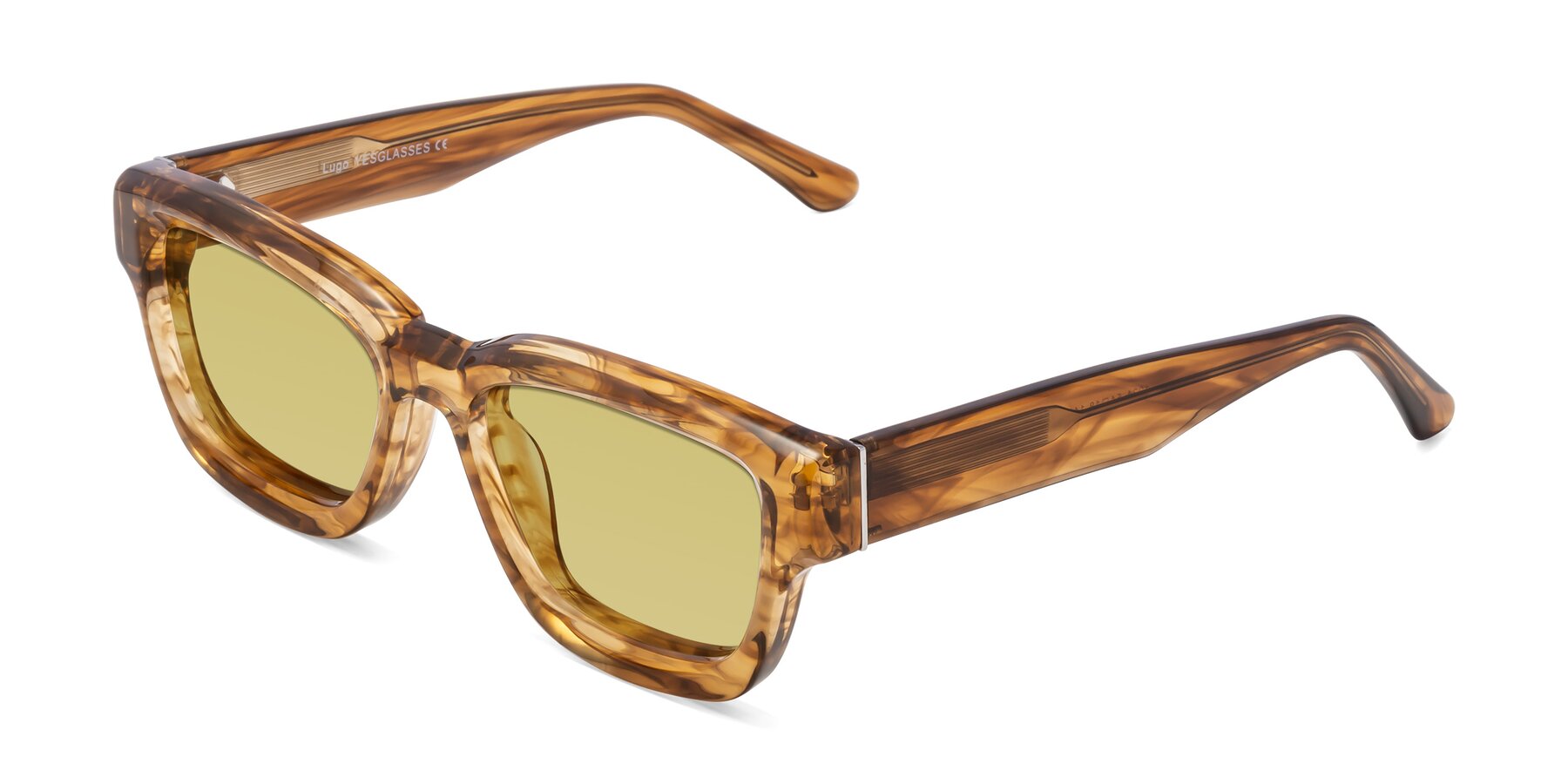 Angle of Lugo in Striped Amber with Medium Champagne Tinted Lenses