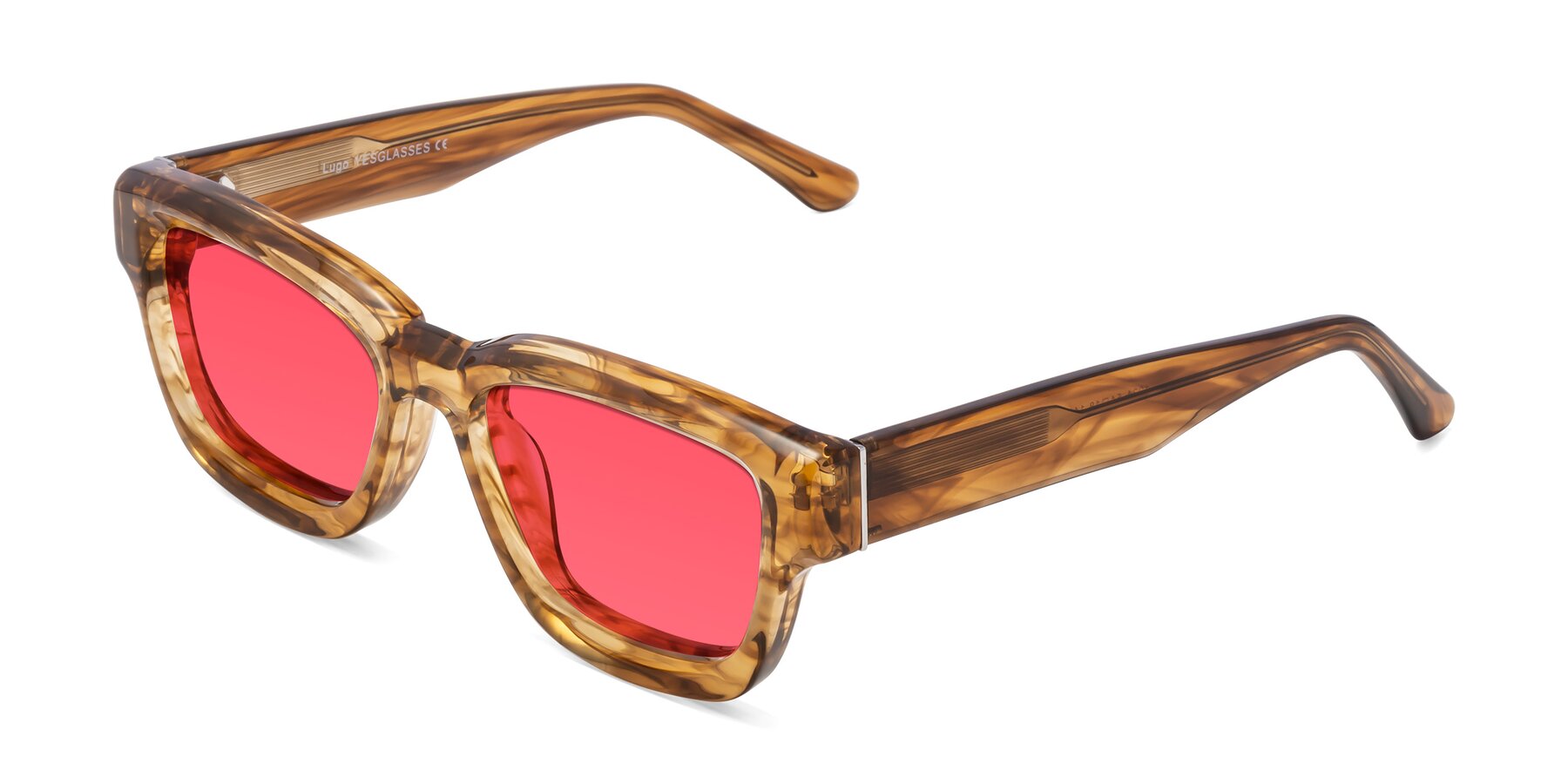 Angle of Lugo in Striped Amber with Red Tinted Lenses