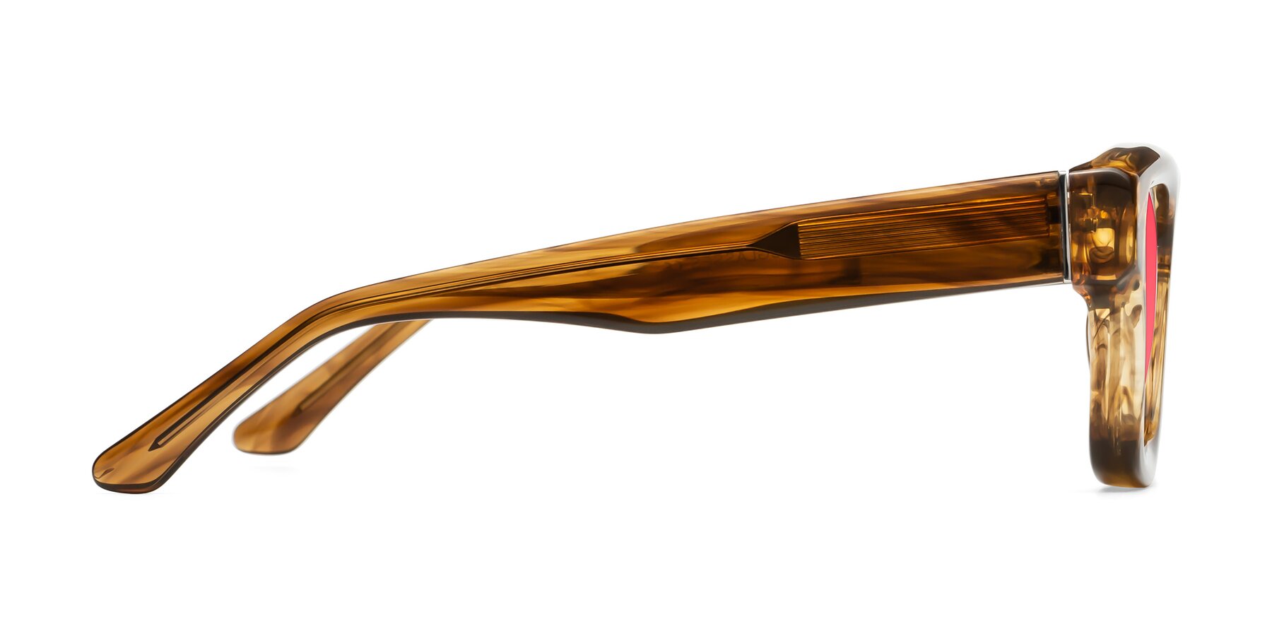 Side of Lugo in Striped Amber with Red Tinted Lenses