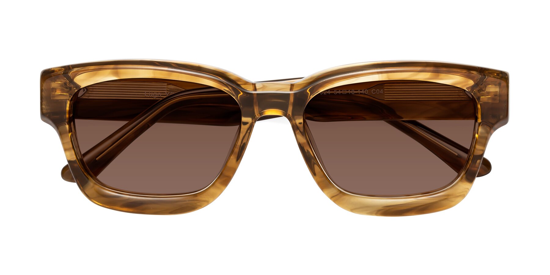 Folded Front of Lugo in Striped Amber with Brown Tinted Lenses