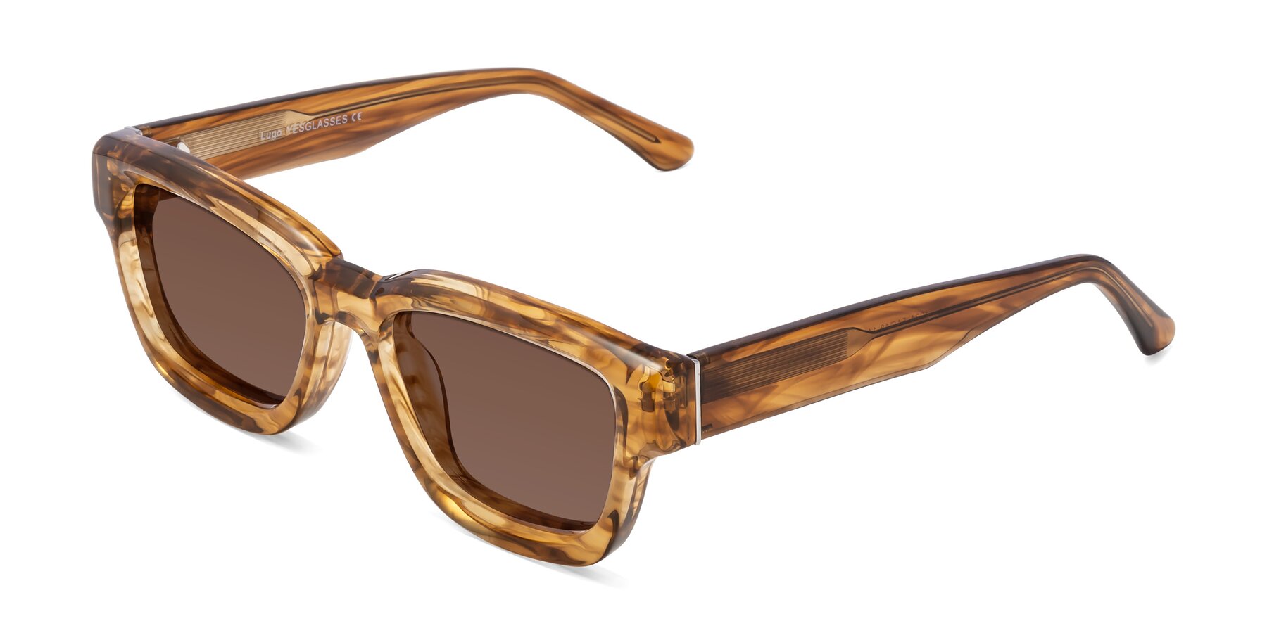 Angle of Lugo in Striped Amber with Brown Tinted Lenses