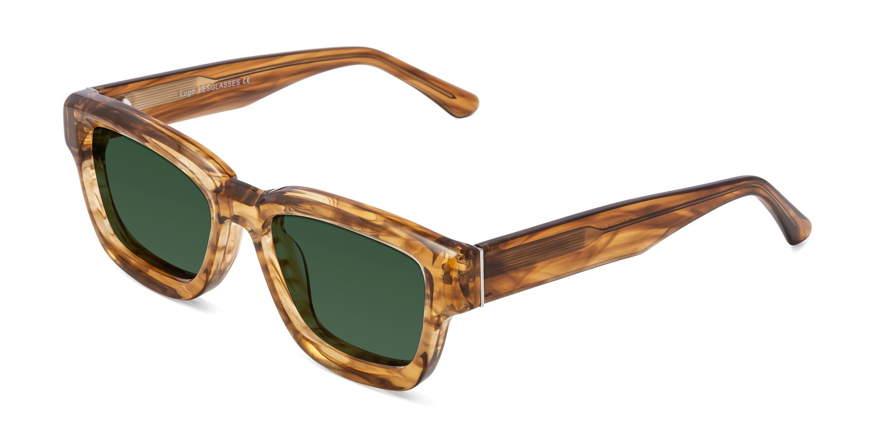 Angle of Lugo in Striped Amber with Green Tinted Lenses