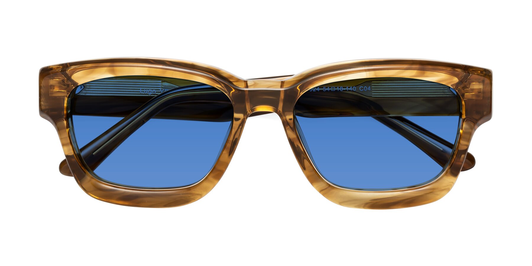 Folded Front of Lugo in Striped Amber with Blue Tinted Lenses