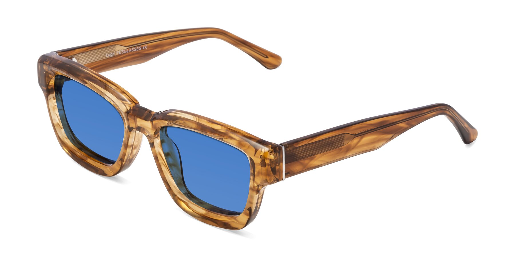 Angle of Lugo in Striped Amber with Blue Tinted Lenses