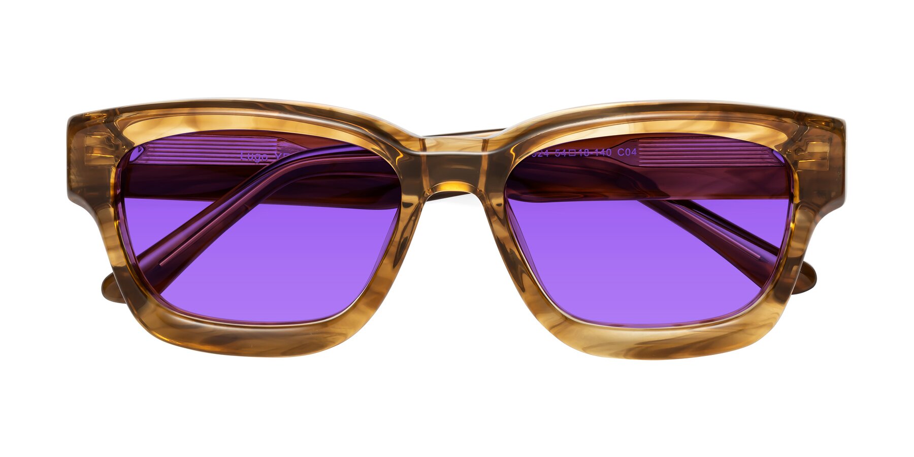 Folded Front of Lugo in Striped Amber with Purple Tinted Lenses