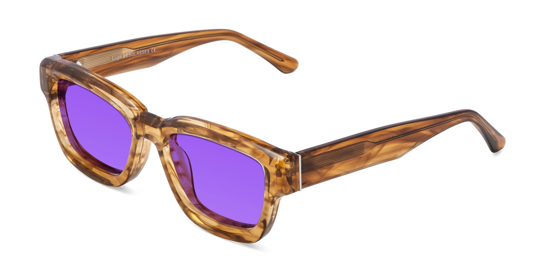 Angle of Lugo in Striped Amber with Purple Tinted Lenses