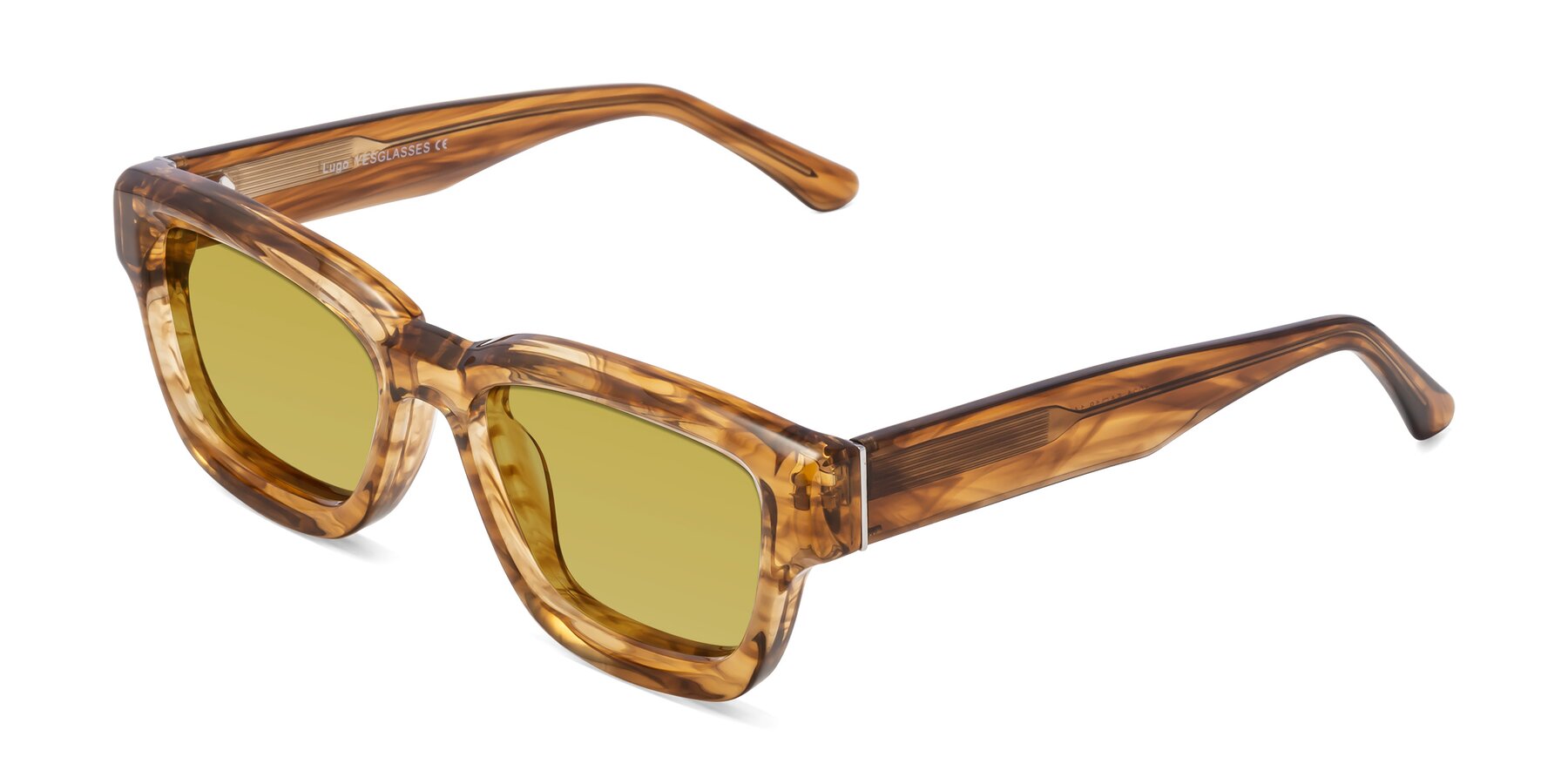 Angle of Lugo in Striped Amber with Champagne Tinted Lenses