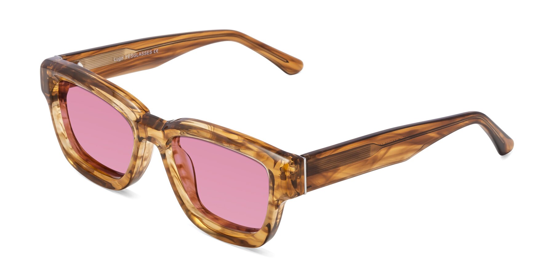 Angle of Lugo in Striped Amber with Medium Wine Tinted Lenses