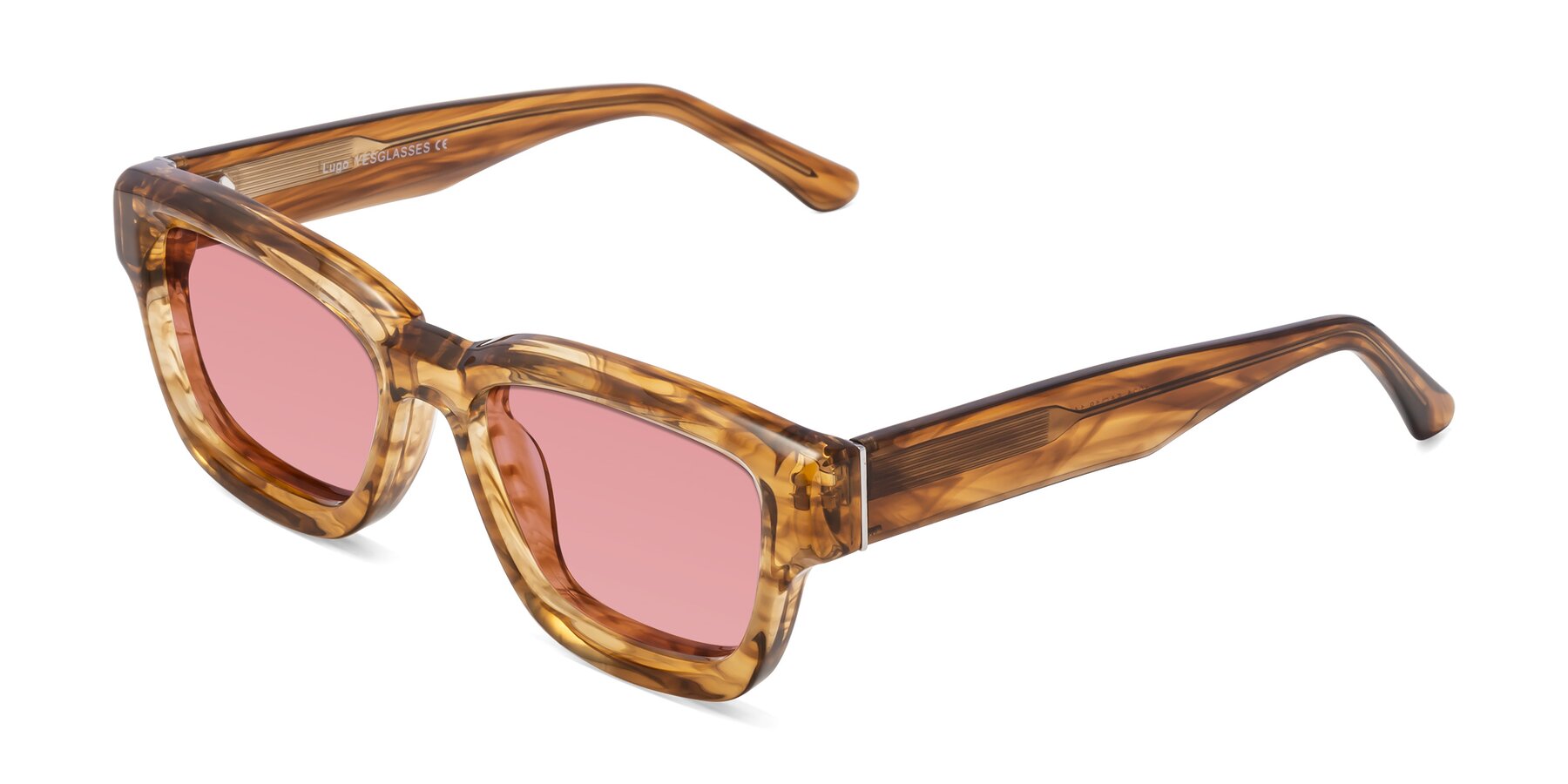 Angle of Lugo in Striped Amber with Medium Garnet Tinted Lenses