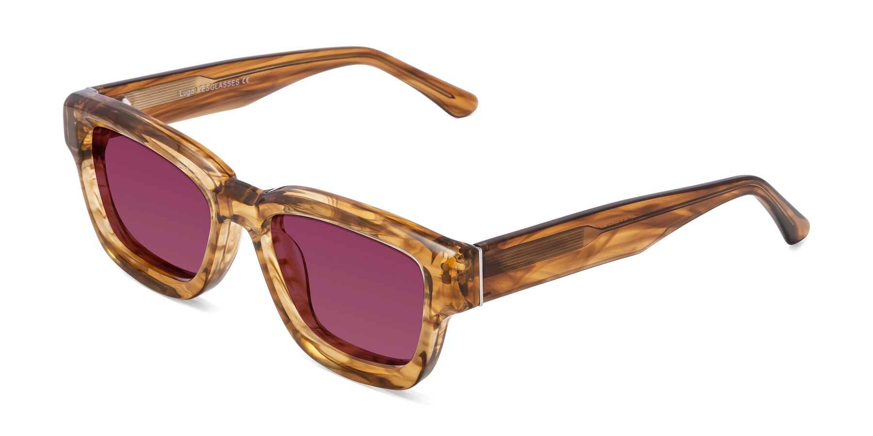 Angle of Lugo in Striped Amber with Wine Tinted Lenses