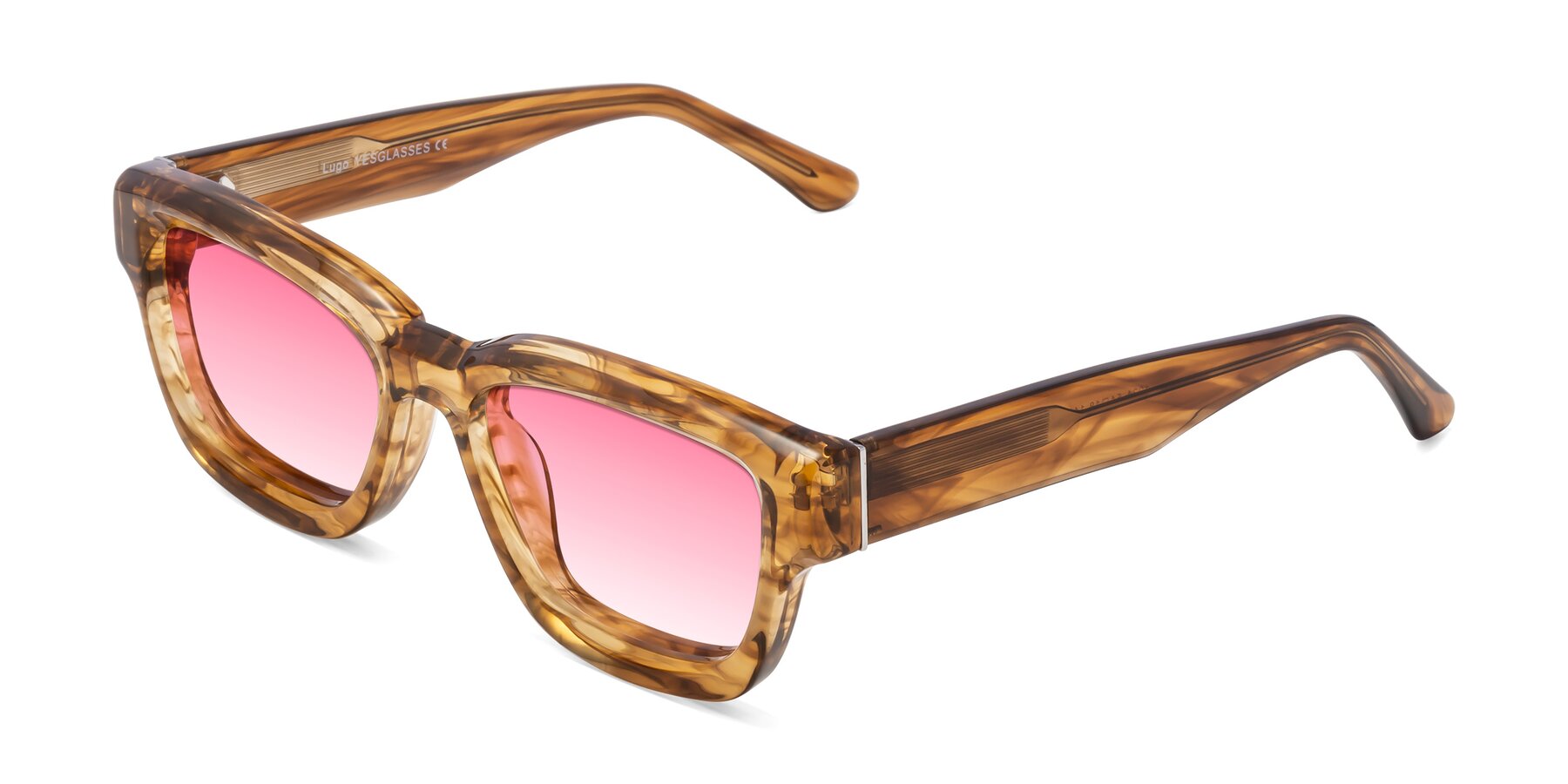 Angle of Lugo in Striped Amber with Pink Gradient Lenses
