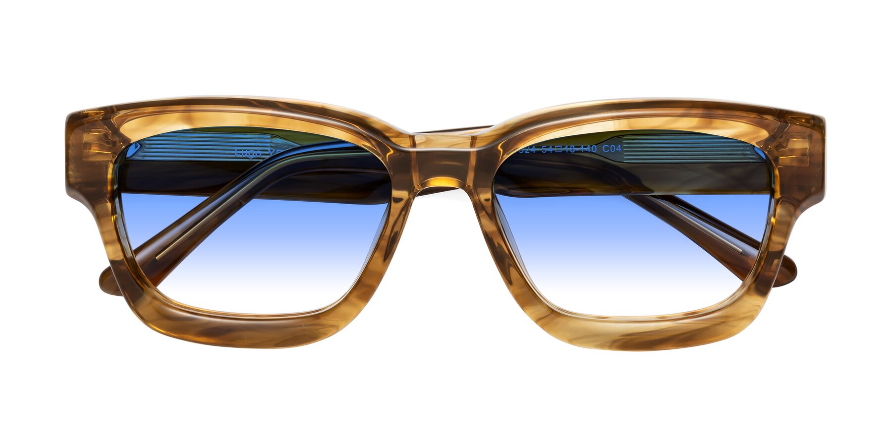 Folded Front of Lugo in Striped Amber with Blue Gradient Lenses