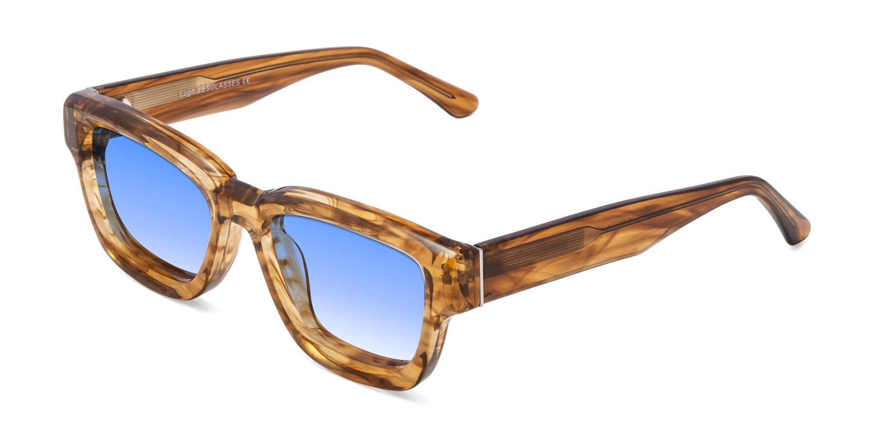 Angle of Lugo in Striped Amber with Blue Gradient Lenses