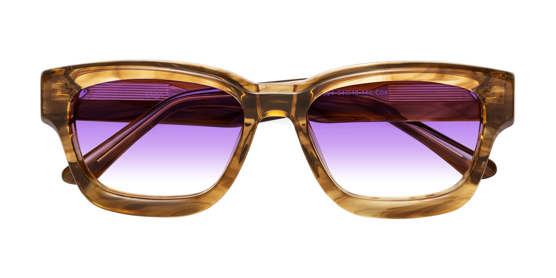 Folded Front of Lugo in Striped Amber with Purple Gradient Lenses