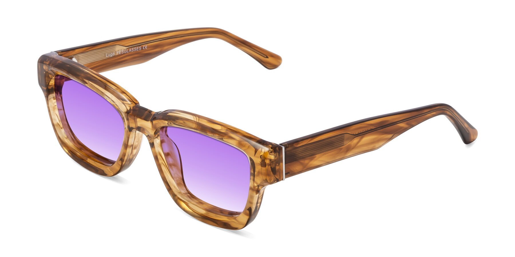 Angle of Lugo in Striped Amber with Purple Gradient Lenses