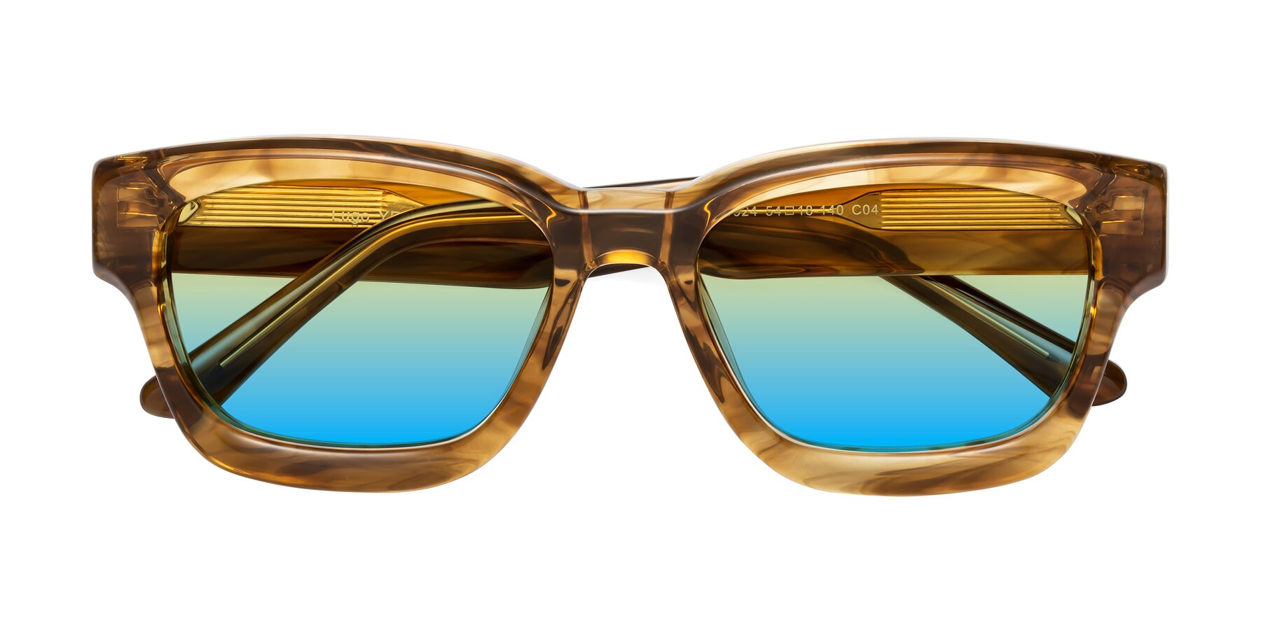 Folded Front of Lugo in Striped Amber with Yellow / Blue Gradient Lenses