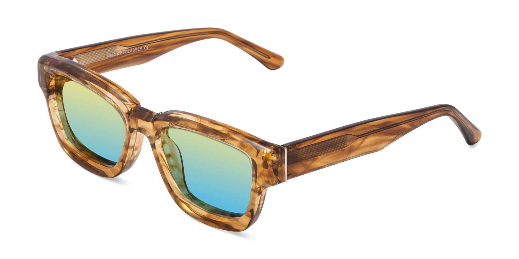 Angle of Lugo in Striped Amber with Yellow / Blue Gradient Lenses