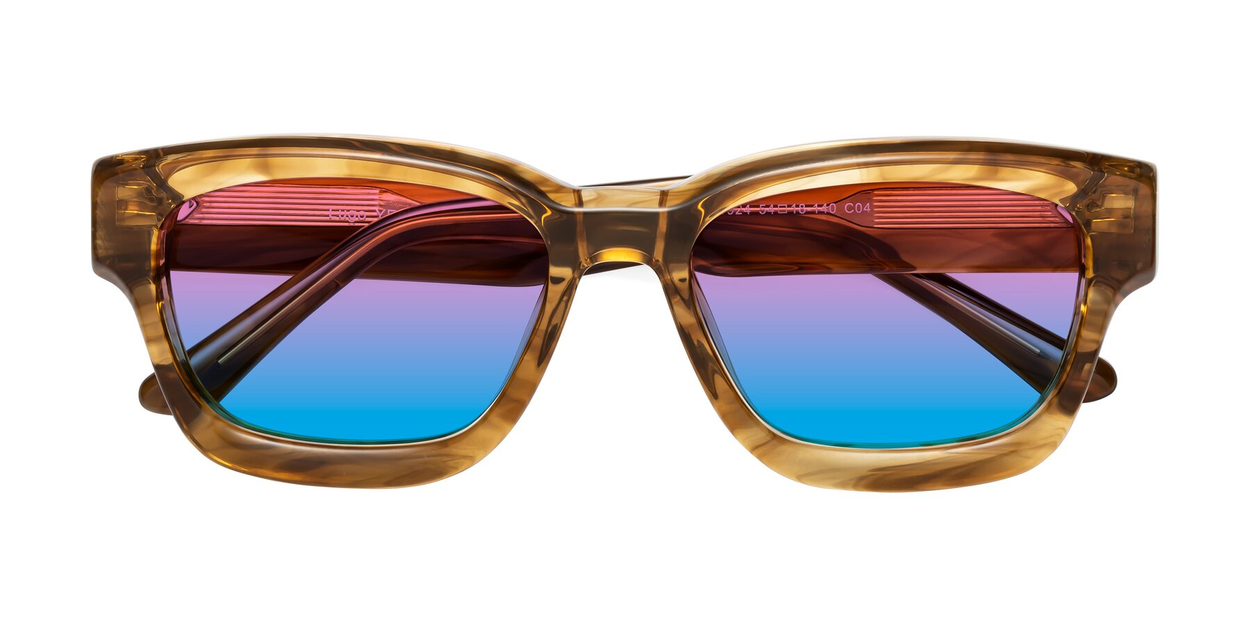 Folded Front of Lugo in Striped Amber with Pink / Blue Gradient Lenses