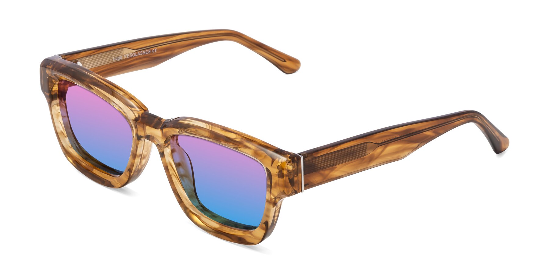 Angle of Lugo in Striped Amber with Pink / Blue Gradient Lenses