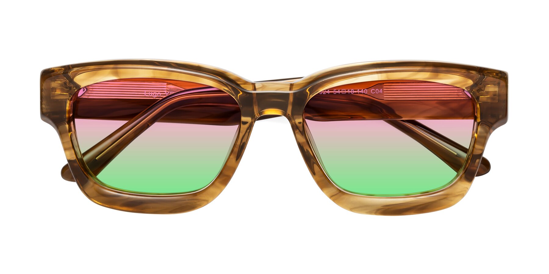 Folded Front of Lugo in Striped Amber with Pink / Green Gradient Lenses