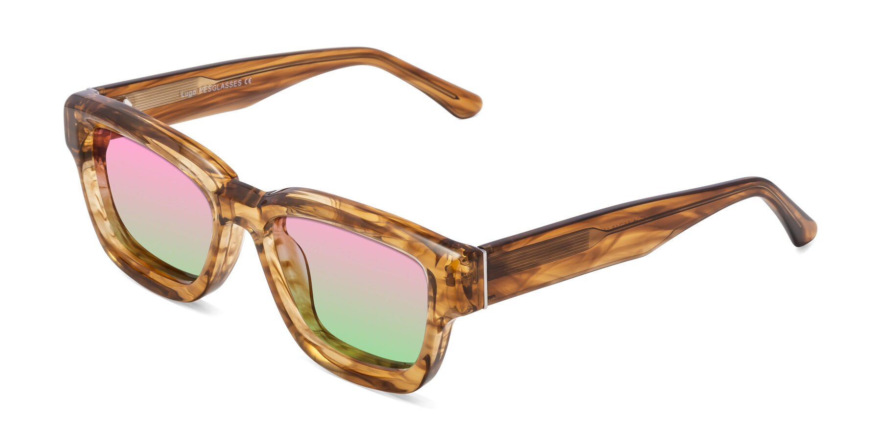 Angle of Lugo in Striped Amber with Pink / Green Gradient Lenses