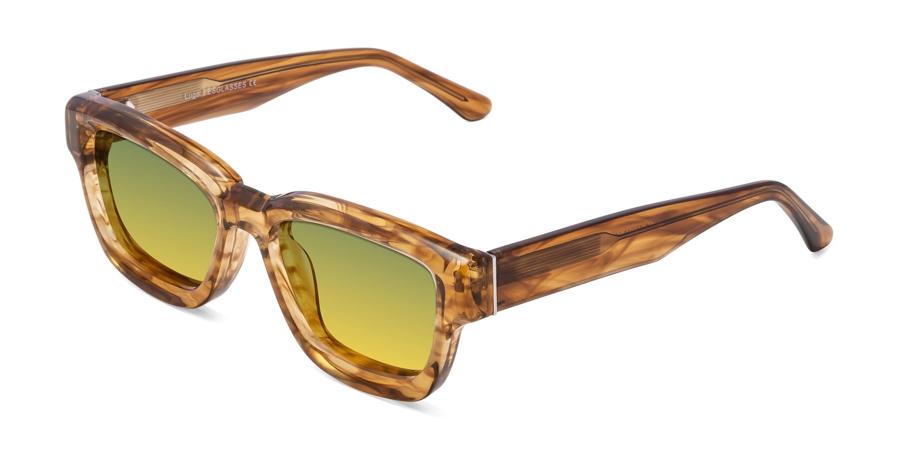 Angle of Lugo in Striped Amber with Green / Yellow Gradient Lenses