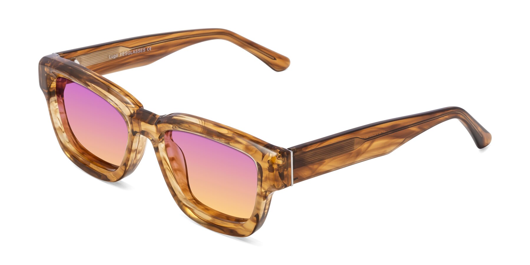 Angle of Lugo in Striped Amber with Purple / Yellow Gradient Lenses