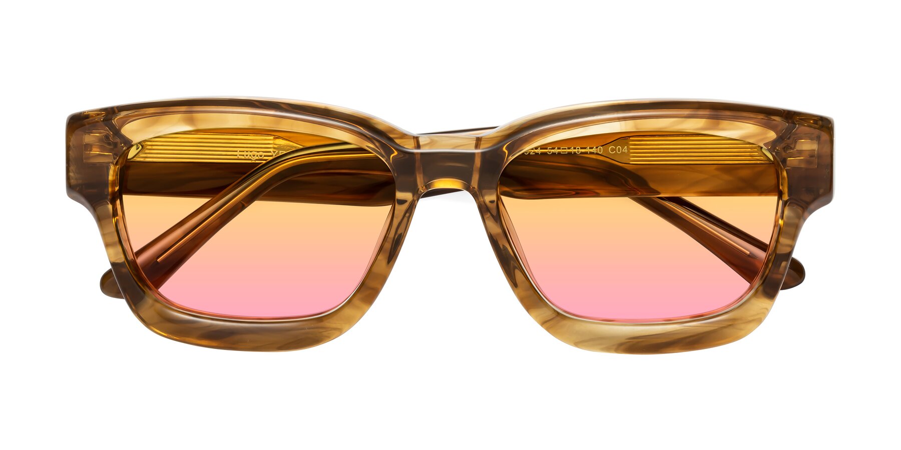 Folded Front of Lugo in Striped Amber with Yellow / Pink Gradient Lenses