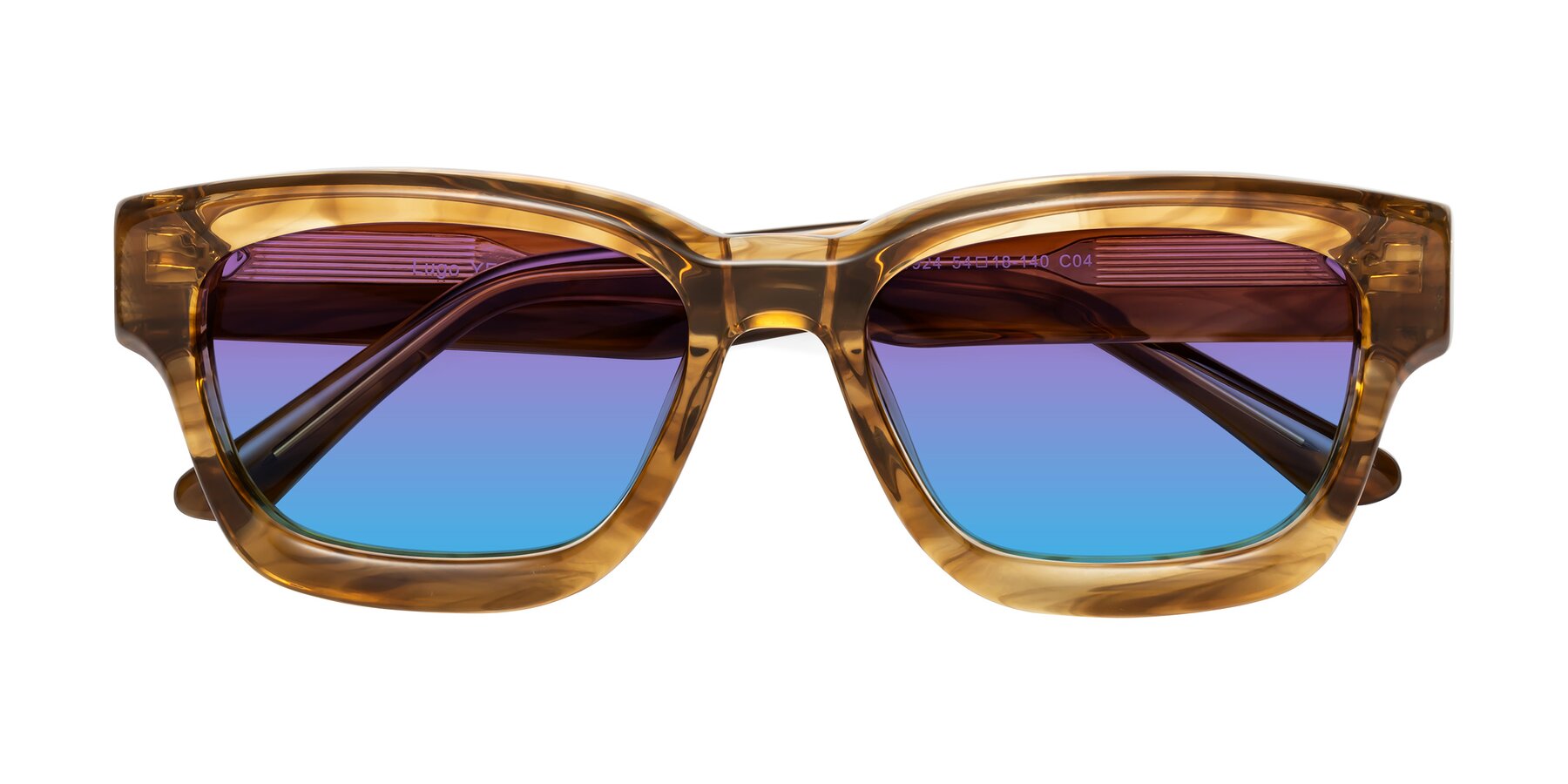 Folded Front of Lugo in Striped Amber with Purple / Blue Gradient Lenses