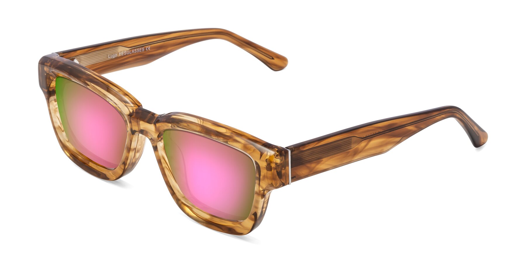 Angle of Lugo in Striped Amber with Pink Mirrored Lenses