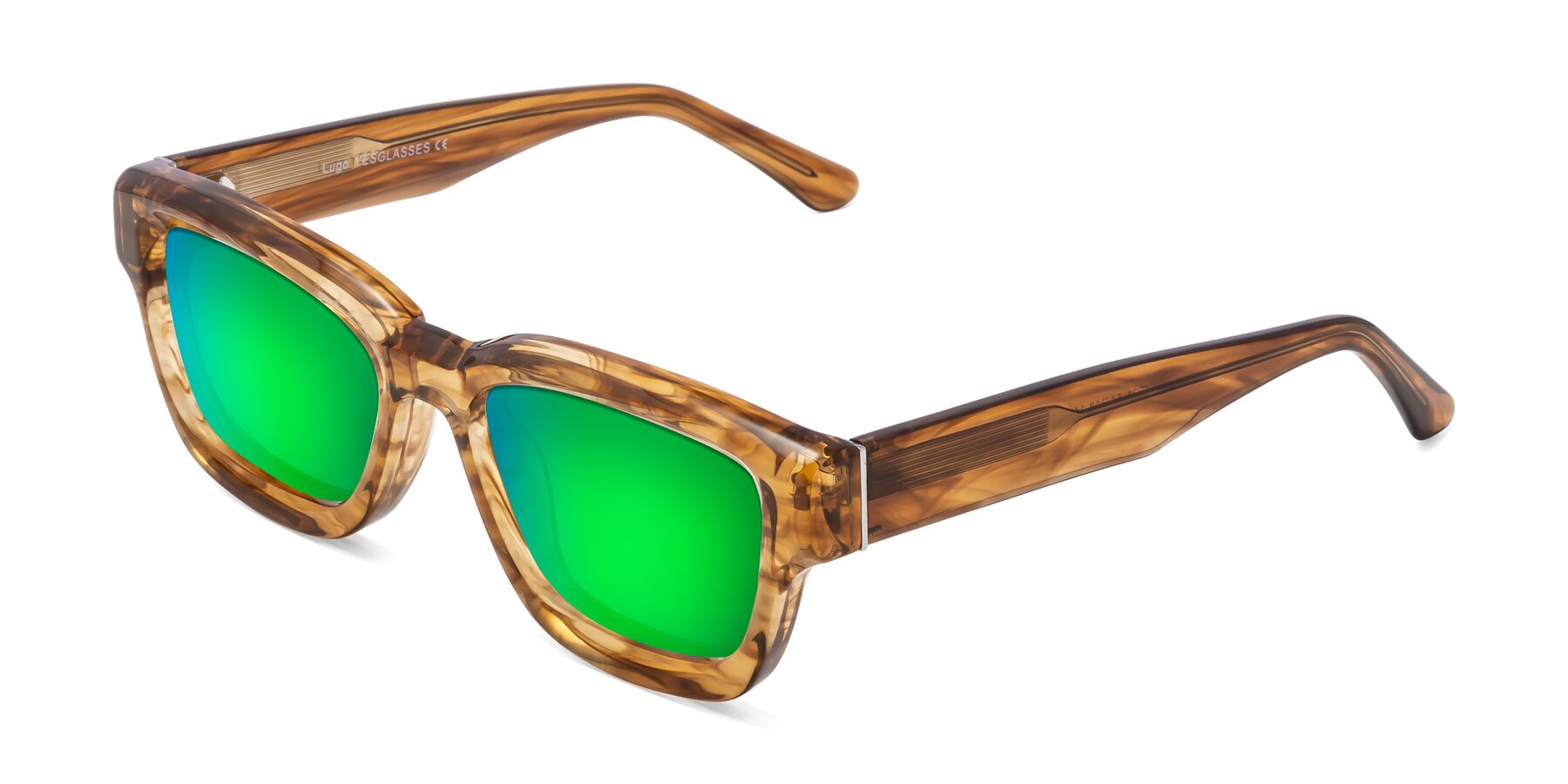 Angle of Lugo in Striped Amber with Green Mirrored Lenses