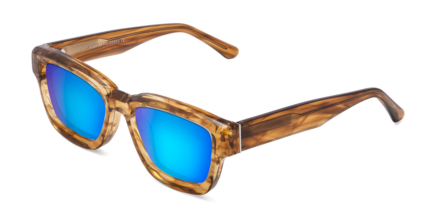 Angle of Lugo in Striped Amber with Blue Mirrored Lenses