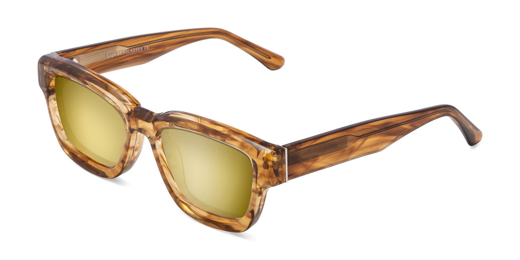 Angle of Lugo in Striped Amber with Gold Mirrored Lenses