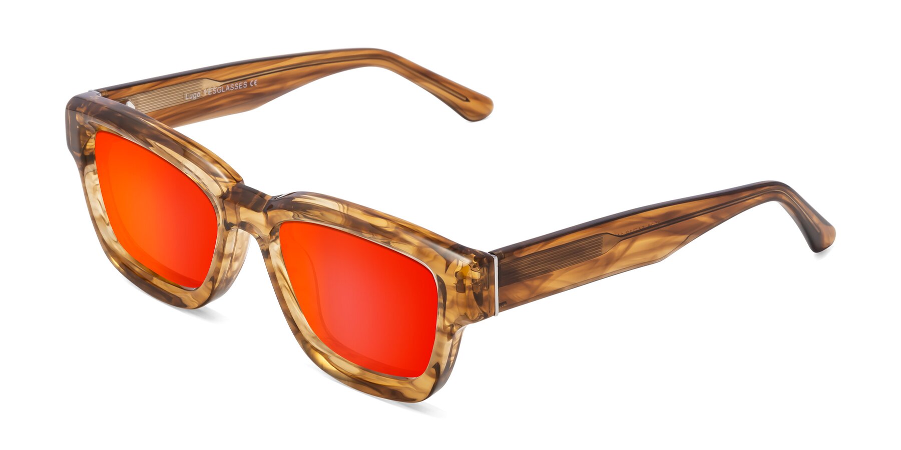 Angle of Lugo in Striped Amber with Red Gold Mirrored Lenses