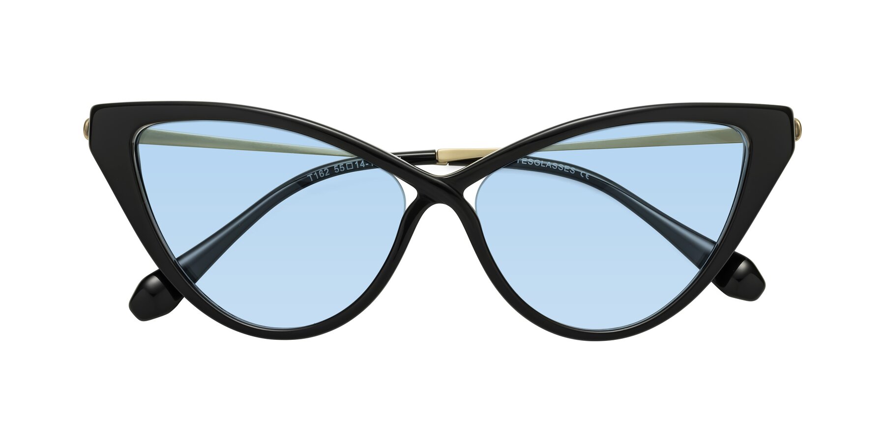 Folded Front of Lucasta in Black with Light Blue Tinted Lenses