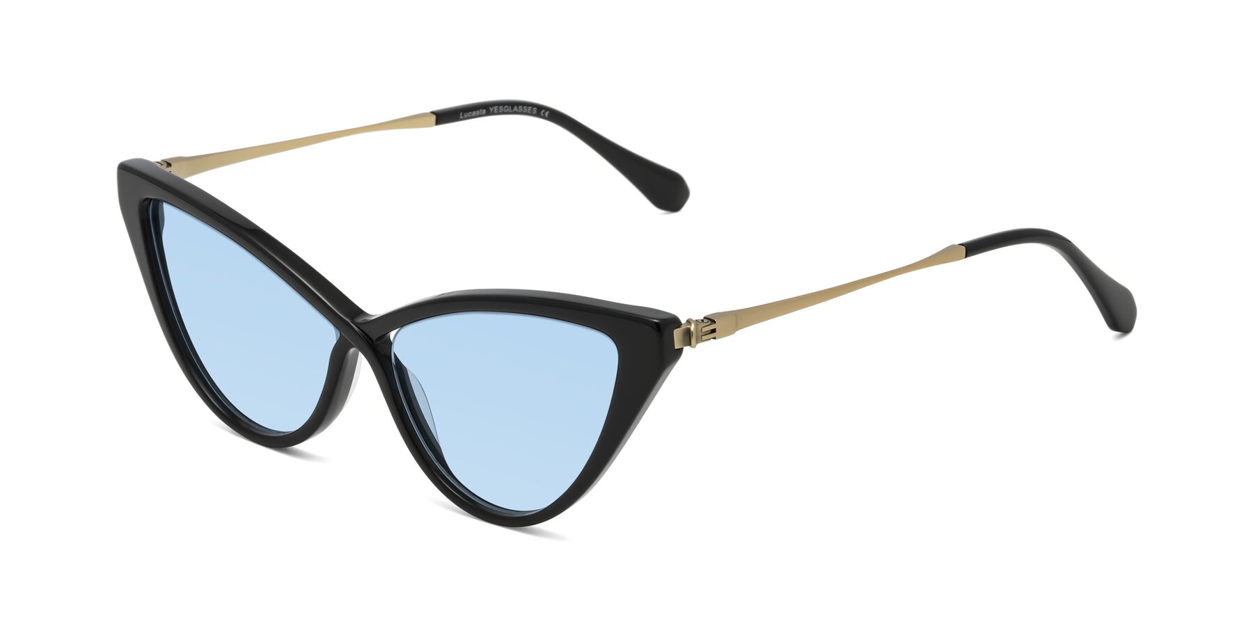Angle of Lucasta in Black with Light Blue Tinted Lenses
