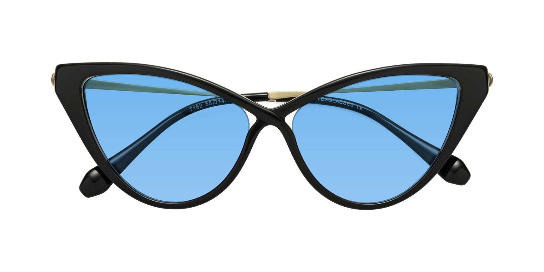 Folded Front of Lucasta in Black with Medium Blue Tinted Lenses