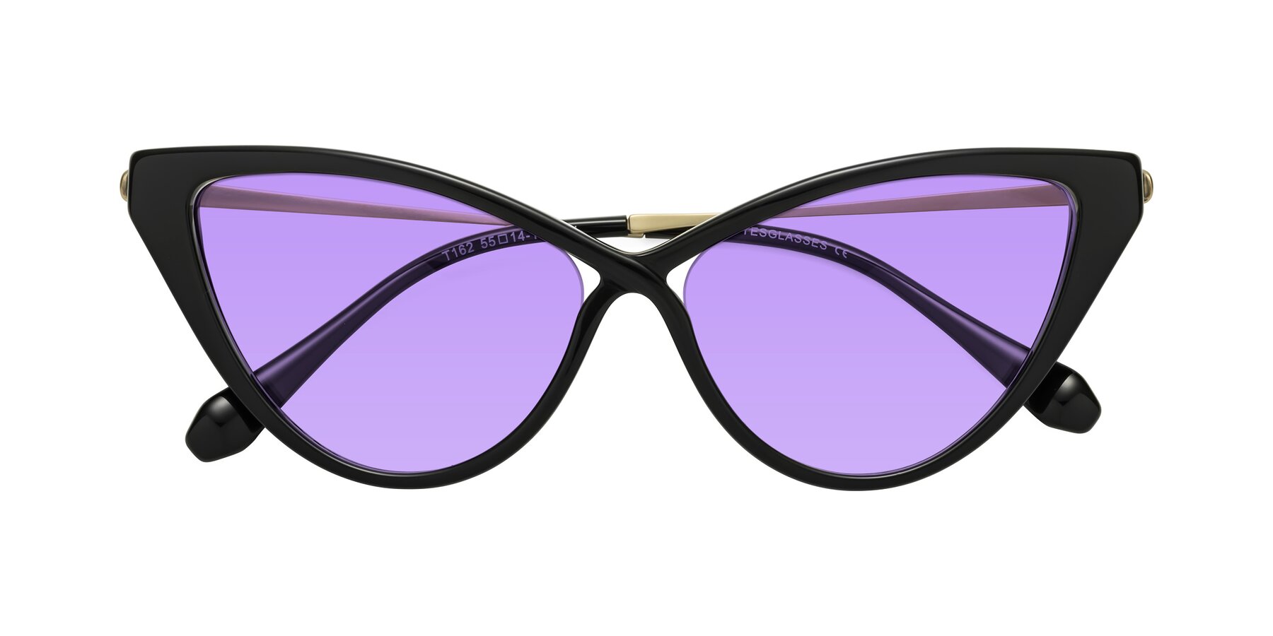 Folded Front of Lucasta in Black with Medium Purple Tinted Lenses