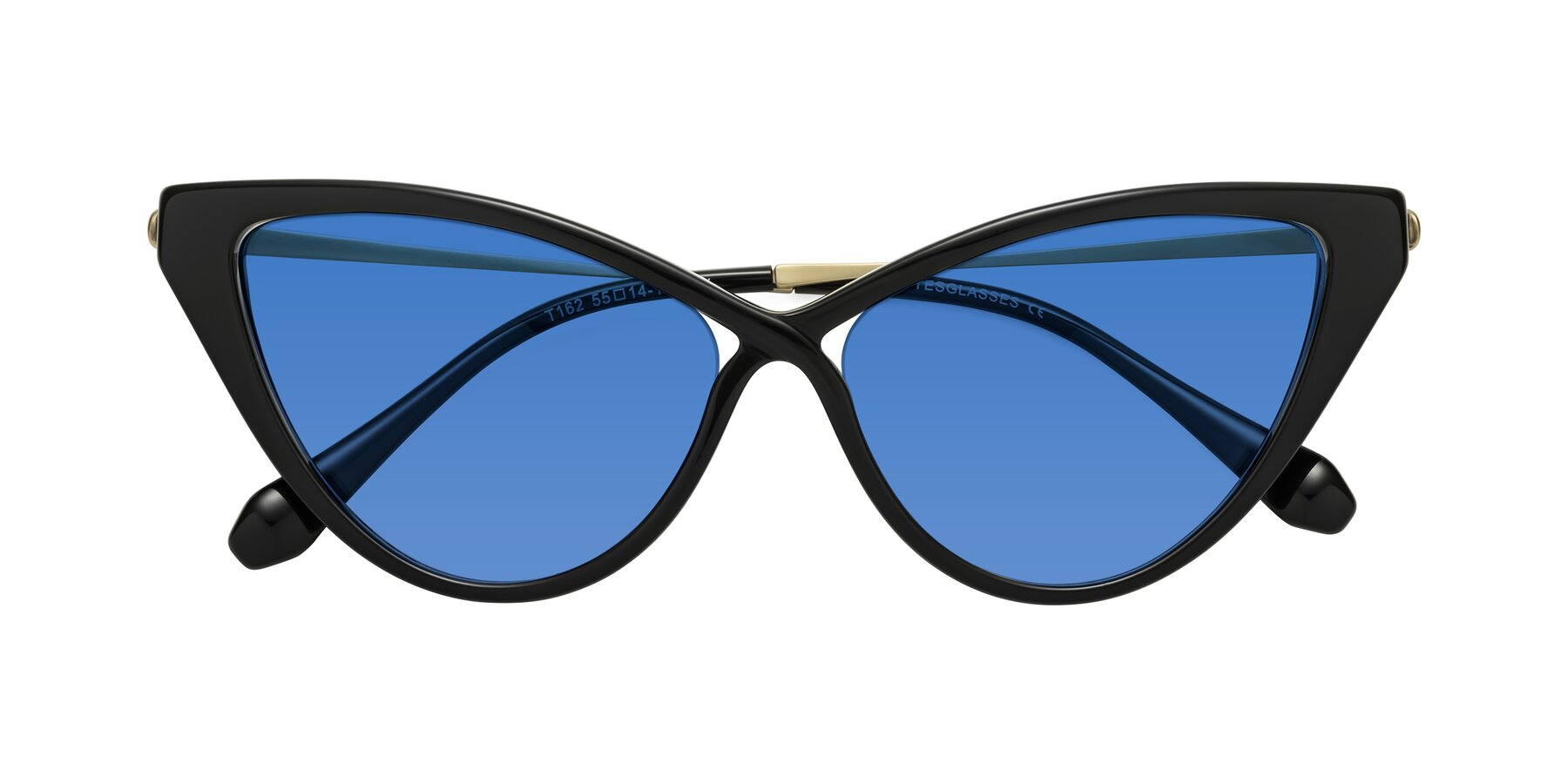 Folded Front of Lucasta in Black with Blue Tinted Lenses