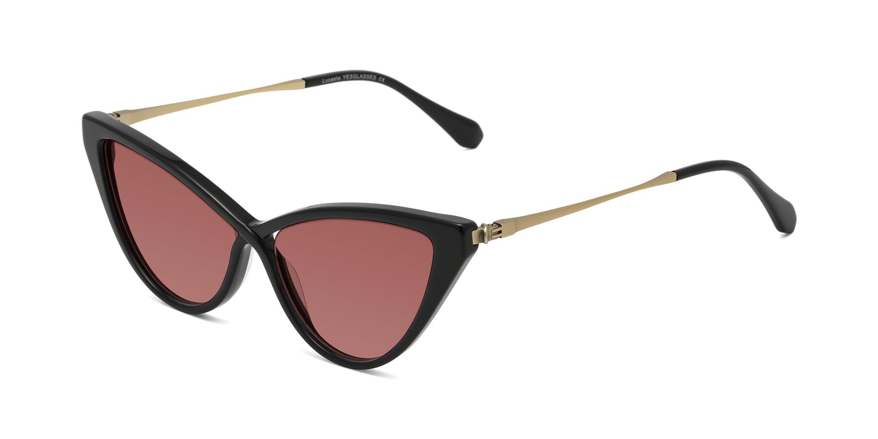 Angle of Lucasta in Black with Garnet Tinted Lenses