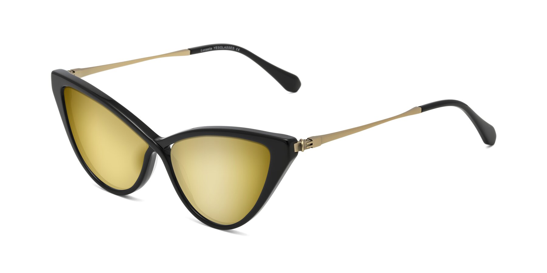 Angle of Lucasta in Black with Gold Mirrored Lenses