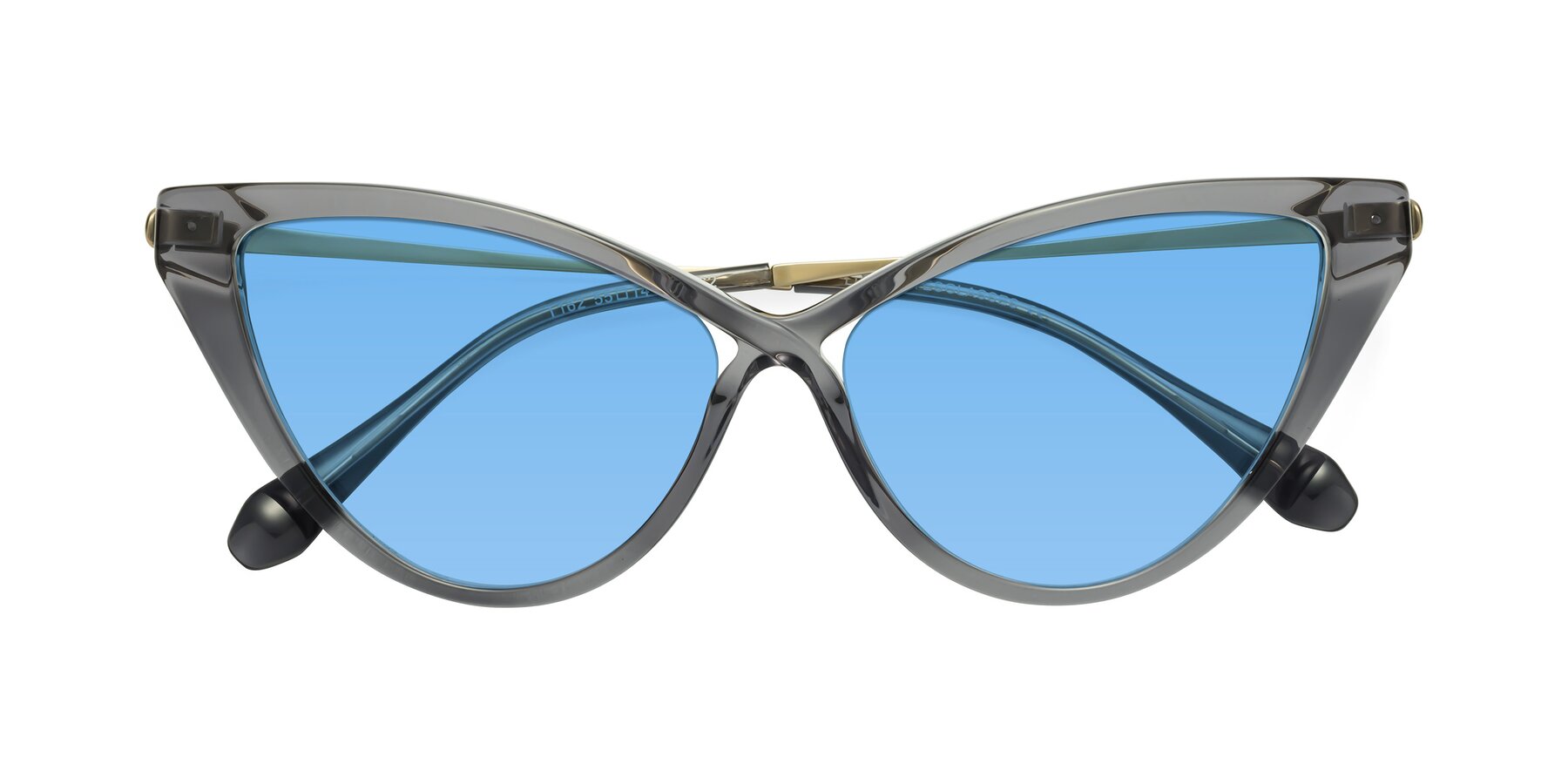 Folded Front of Lucasta in Transparent Gray with Medium Blue Tinted Lenses