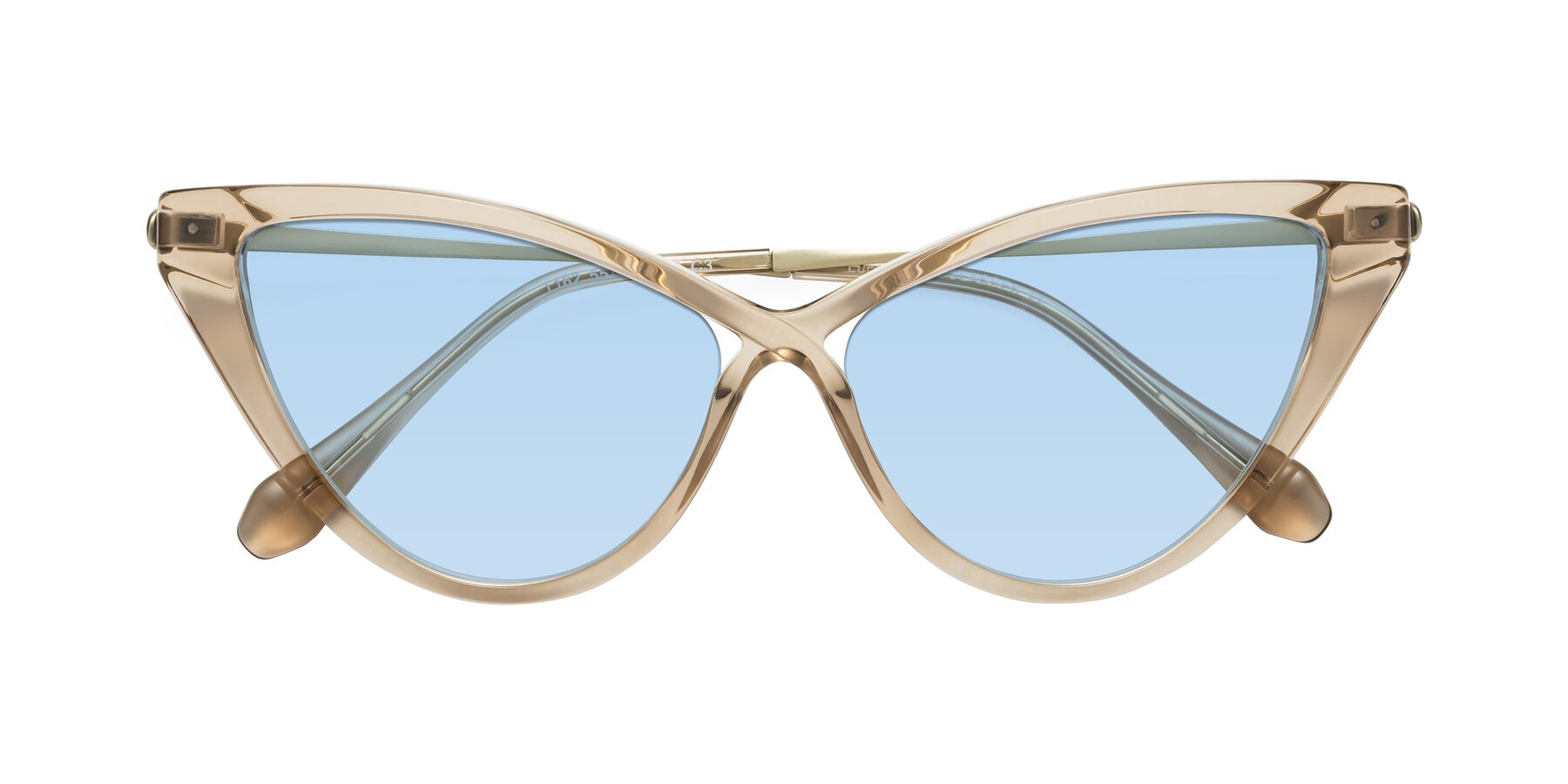 Folded Front of Lucasta in Champagne with Light Blue Tinted Lenses